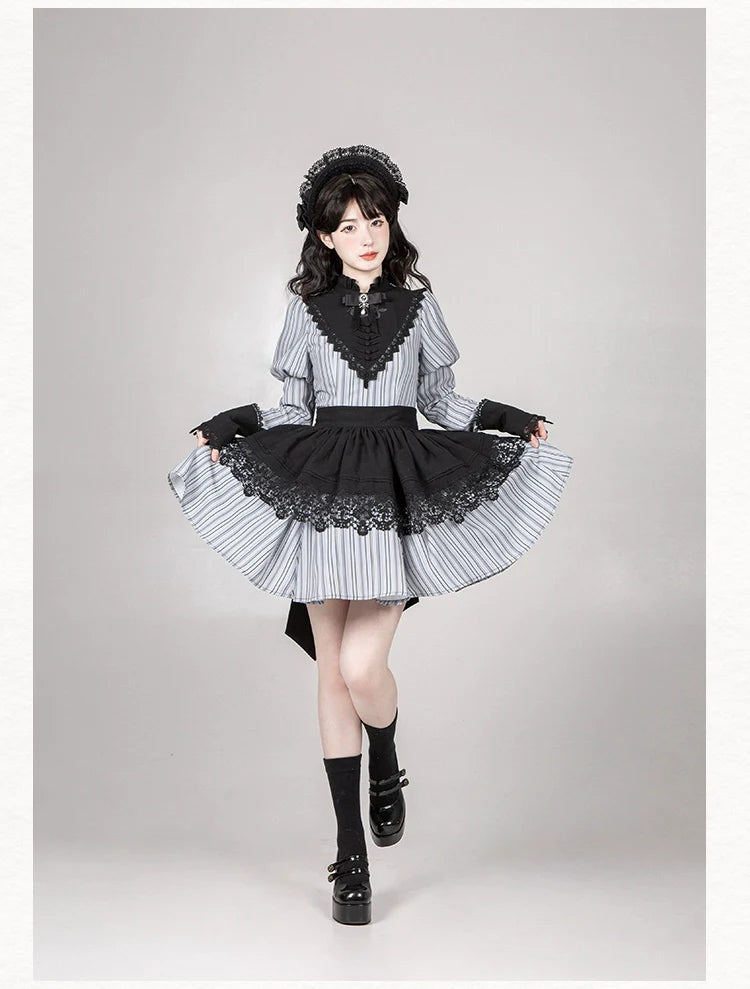 With PUJI - Nocturne SP - Striped Gothic Lolita OP Twin Lolita Dress with Apron