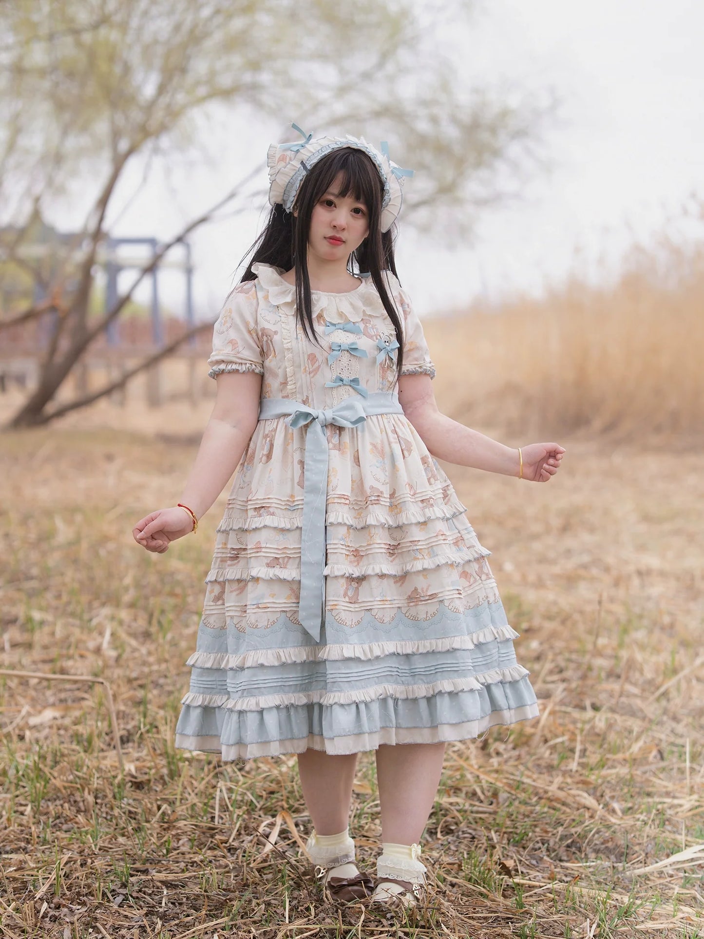 Chubby Cat Diary - Harvest Bear - Plus Size Country Lolita OP Dress with Teddy Bear Print