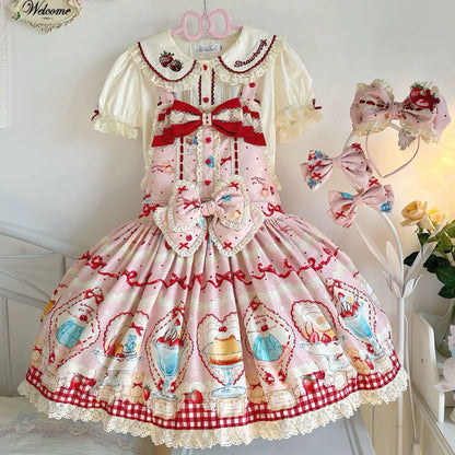 DreamWhale - Showa Dessert Showcase - Kawaii Lolita Dress Suit Pudding-Inspired JSK/Salopette