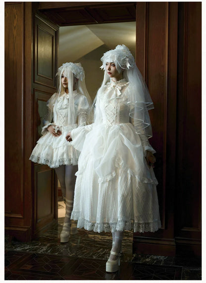 With PUJI - Fallen Heaven - White Gothic Lolita OP Set, Double Layered Skirt
