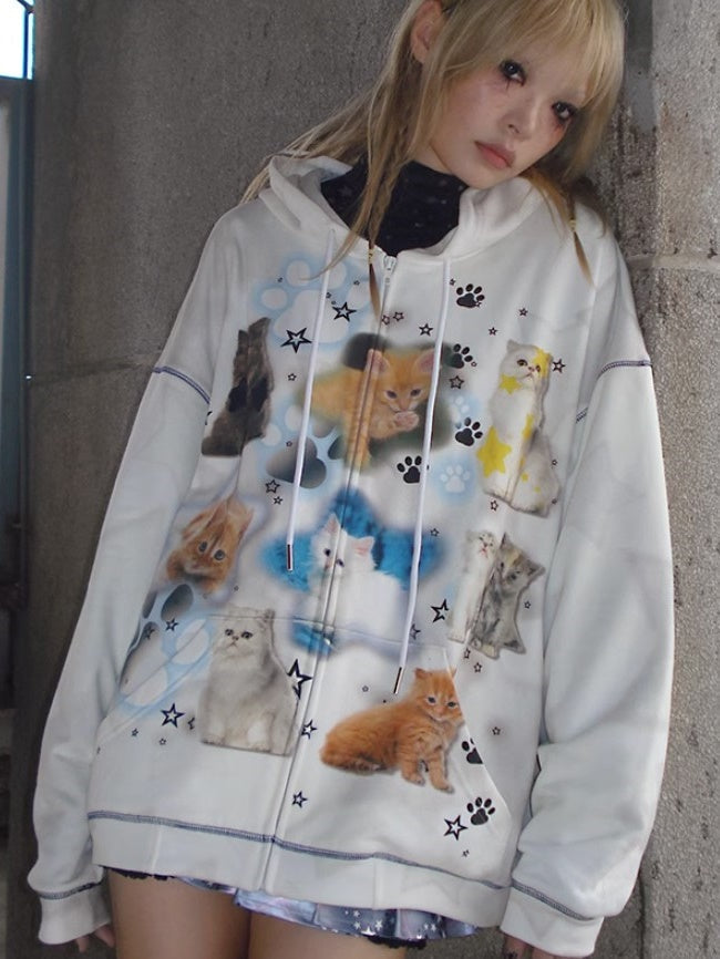 Cat Print ZIP-Up Hooded Sweat【s0000004223】