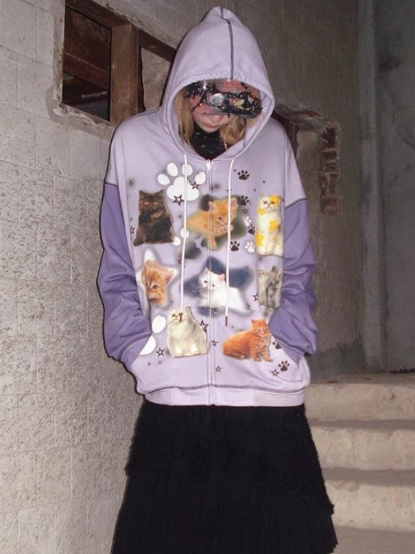 Cat Print ZIP-Up Hooded Sweat【s0000004223】