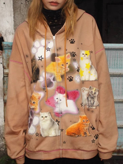 Cat Print ZIP-Up Hooded Sweat【s0000004223】