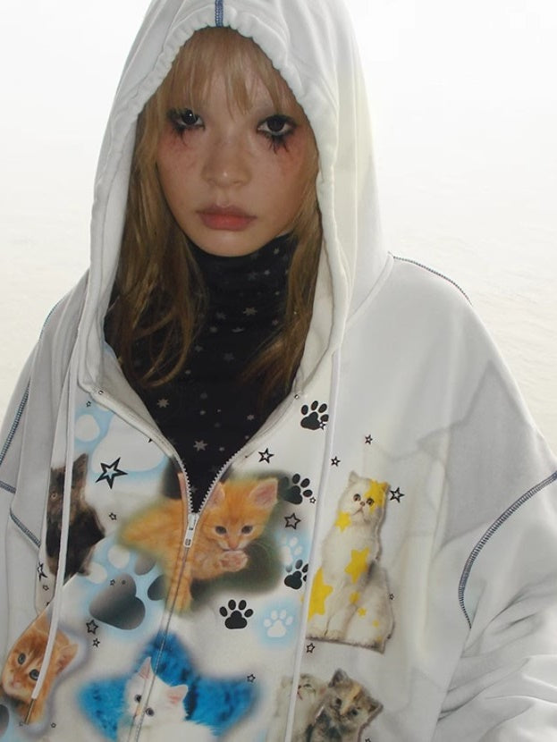 Cat Print ZIP-Up Hooded Sweat【s0000004223】