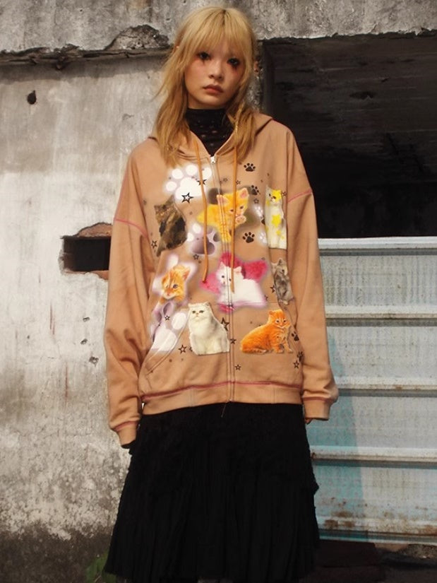 Cat Print ZIP-Up Hooded Sweat【s0000004223】