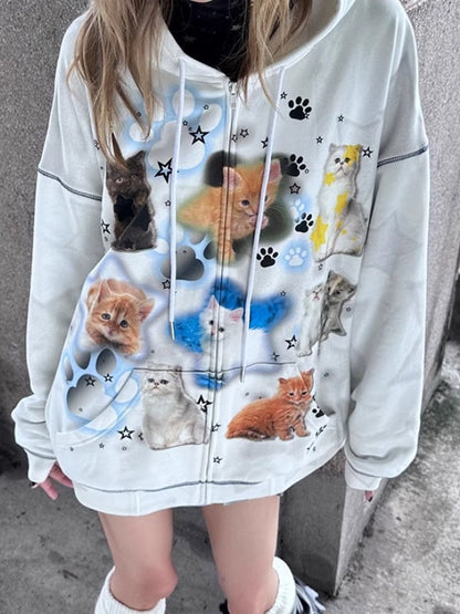 Cat Print ZIP-Up Hooded Sweat【s0000004223】