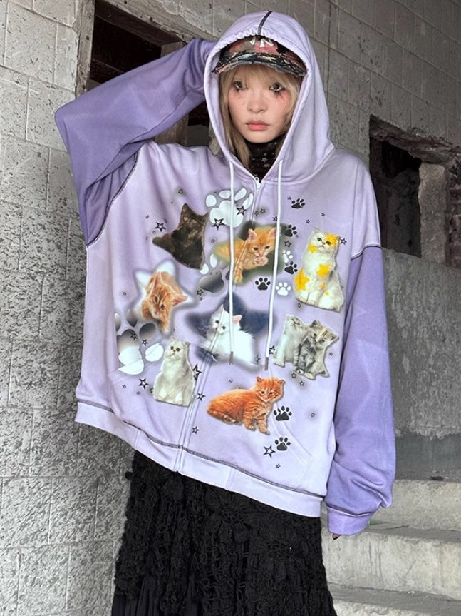 Cat Print ZIP-Up Hooded Sweat【s0000004223】