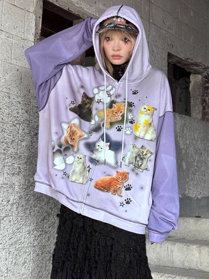 Cat Print ZIP-Up Hooded Sweat【s0000004223】