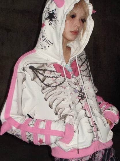 Bow Skull Print Pointed ZIP-Up Parka【s0000004229】