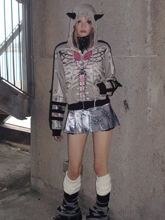 Bow Skull Print Pointed ZIP-Up Parka【s0000004229】