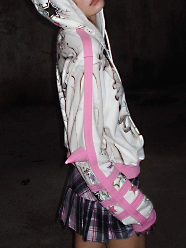 Bow Skull Print Pointed ZIP-Up Parka【s0000004229】