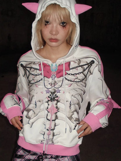 Bow Skull Print Pointed ZIP-Up Parka【s0000004229】