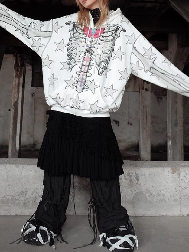 Star Skull Printed Loose ZIP-Up Parka【s0000004228】