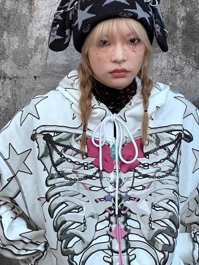 Star Skull Printed Loose ZIP-Up Parka【s0000004228】