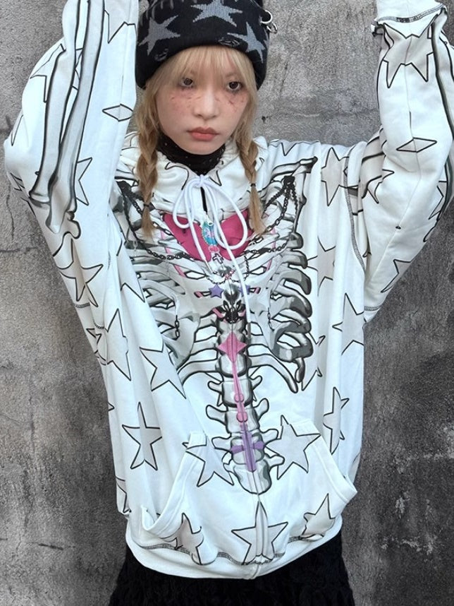 Star Skull Printed Loose ZIP-Up Parka【s0000004228】