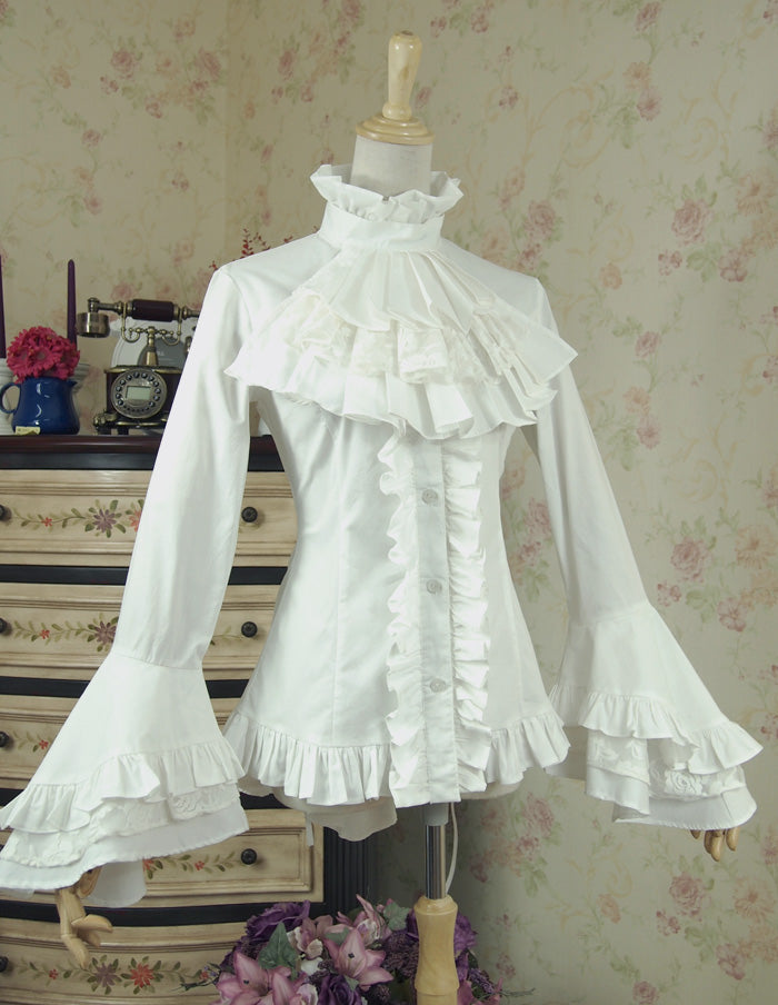 Lace Garden - Dark Angel - Gothic Lolita Shirt with Long Sleeve and Ruffled Long Tail
