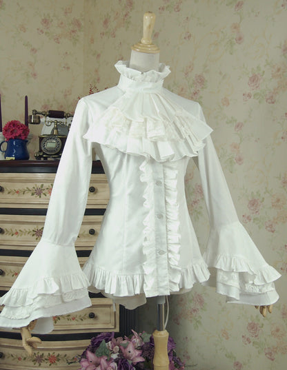 Lace Garden - Dark Angel - Gothic Lolita Shirt with Long Sleeve and Ruffled Long Tail