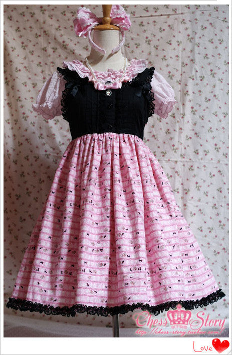 Chess Story - Black Cat Paradise - Kawaii Lolita Pink Black JSK