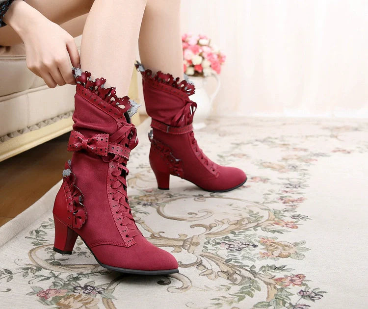 Sosic - Meteorite's Wound - Winter Gothic Lolita Boots Dark Velvet Mid-Calf Heels