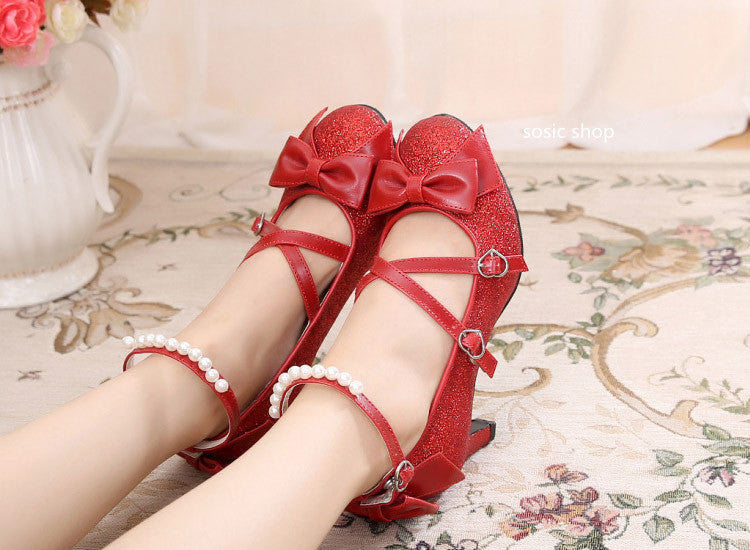 Sosic shop - Japanese Style Sequins Bow High Heels