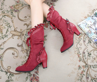 Sosic - Meteorite's Wound - Winter Gothic Lolita Boots Dark Velvet Mid-Calf Heels