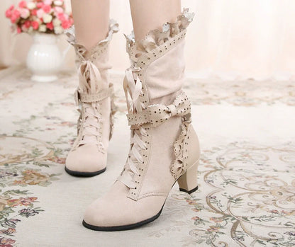 Sosic - Meteorite's Wound - Winter Gothic Lolita Boots Dark Velvet Mid-Calf Heels