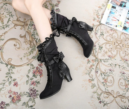 Sosic - Meteorite's Wound - Winter Gothic Lolita Boots Dark Velvet Mid-Calf Heels