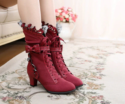 Sosic - Meteorite's Wound - Winter Gothic Lolita Boots Dark Velvet Mid-Calf Heels