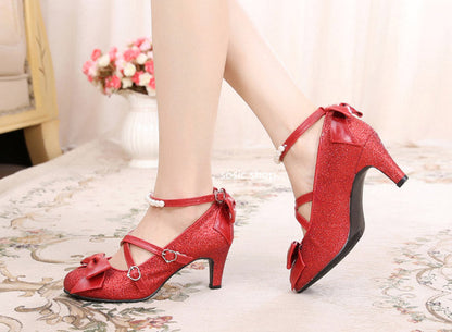 Sosic shop - Japanese Style Sequins Bow High Heels
