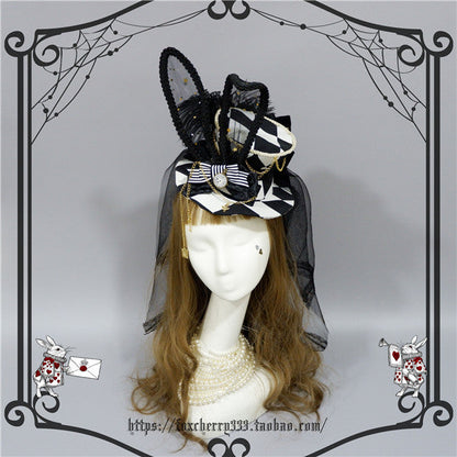 Fox cherry - Lolita Alice Clock Rabbit Ear Tulle Top Hat