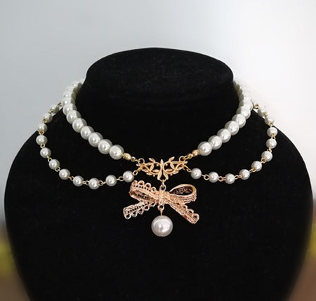 Rose of Sharon - Pearl Chain Lace Bow Lolita Kawaii Necklace