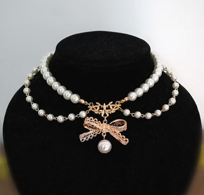 Rose of Sharon - Pearl Chain Lace Bow Lolita Kawaii Necklace