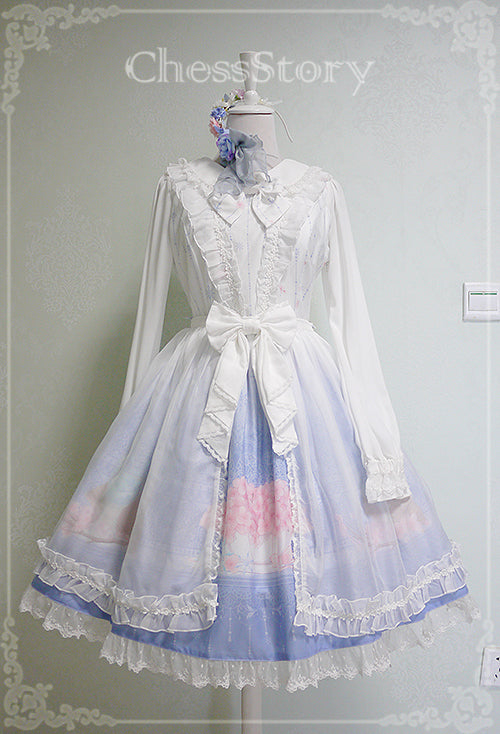 Chess Story - Peach blossom And Snow - Sweet Lolita Bow Overskirt Multicolor