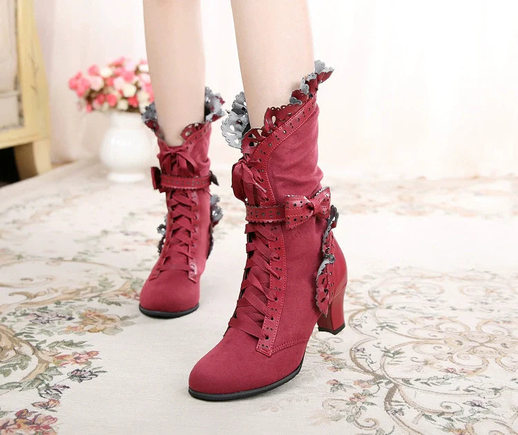 Sosic - Meteorite's Wound - Winter Gothic Lolita Boots Dark Velvet Mid-Calf Heels