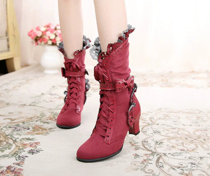 Sosic - Meteorite's Wound - Winter Gothic Lolita Boots Dark Velvet Mid-Calf Heels