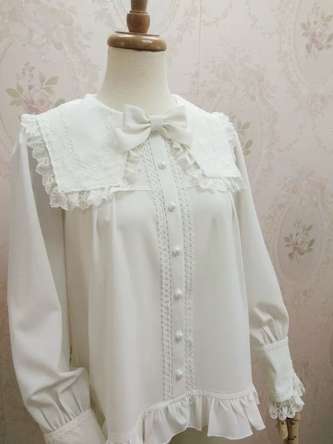 Yilia - Solid Sweet Lolita Shirt, Lace Square Neckline
