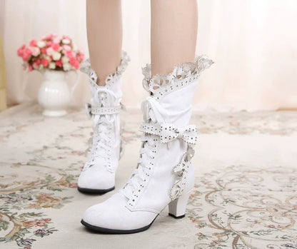 Sosic - Meteorite's Wound - Winter Gothic Lolita Boots Dark Velvet Mid-Calf Heels