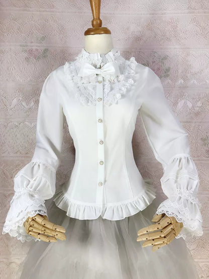 Yilia Lolita - Elegant Lolita Shirt Stand Collar Long Puff Sleeve Blouse