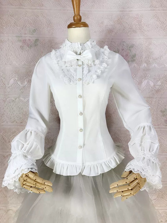 Yilia Lolita - Elegant Lolita Shirt Stand Collar Long Puff Sleeve Blouse