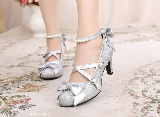 Sosic shop - Japanese Style Sequins Bow High Heels