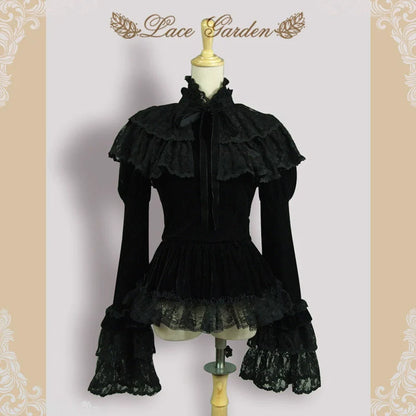 Lace Garden - Black Lolita Cape Velvet Winter Lolita Short Shirt