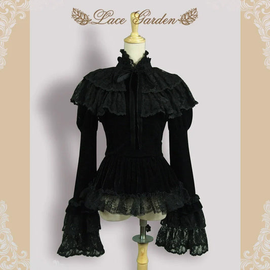 Lace Garden - Black Lolita Cape Velvet Winter Lolita Short Shirt