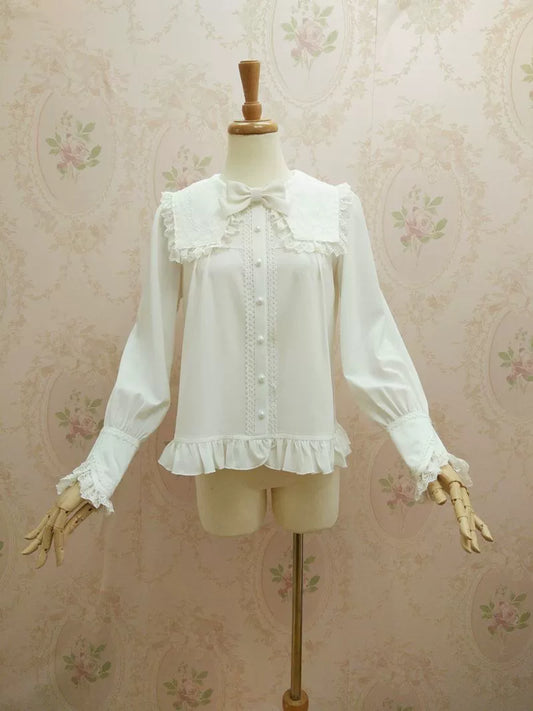 Yilia - Solid Sweet Lolita Shirt, Lace Square Neckline