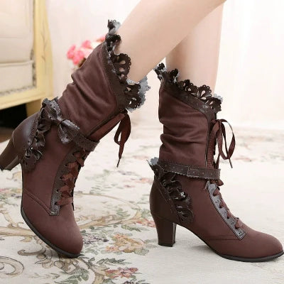 Sosic - Meteorite's Wound - Winter Gothic Lolita Boots Dark Velvet Mid-Calf Heels