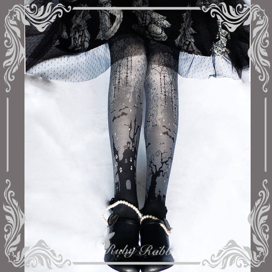 Ruby Rabbit - Halloween Gothic Lolita Castle and Spider Web Print Pantyhose