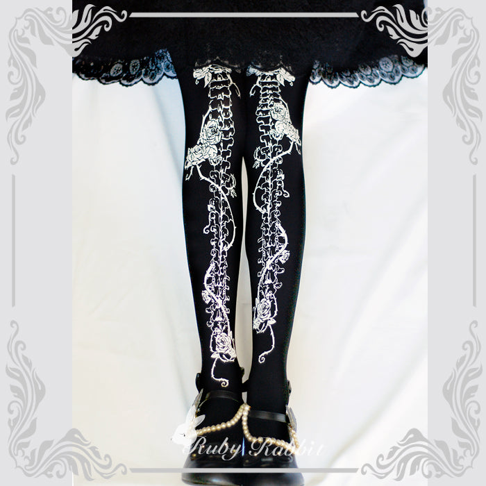 Ruby Rabbit - Gothic Lolita Bone and Rose Print Pantyhose