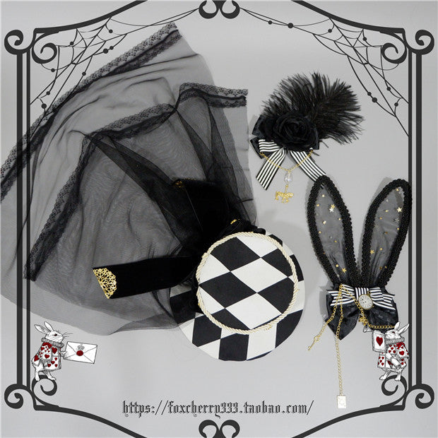 Fox cherry - Lolita Alice Clock Rabbit Ear Tulle Top Hat
