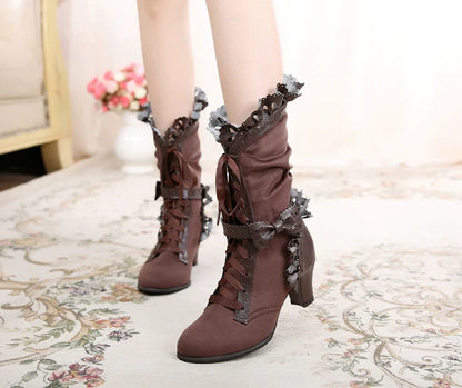 Sosic - Meteorite's Wound - Winter Gothic Lolita Boots Dark Velvet Mid-Calf Heels