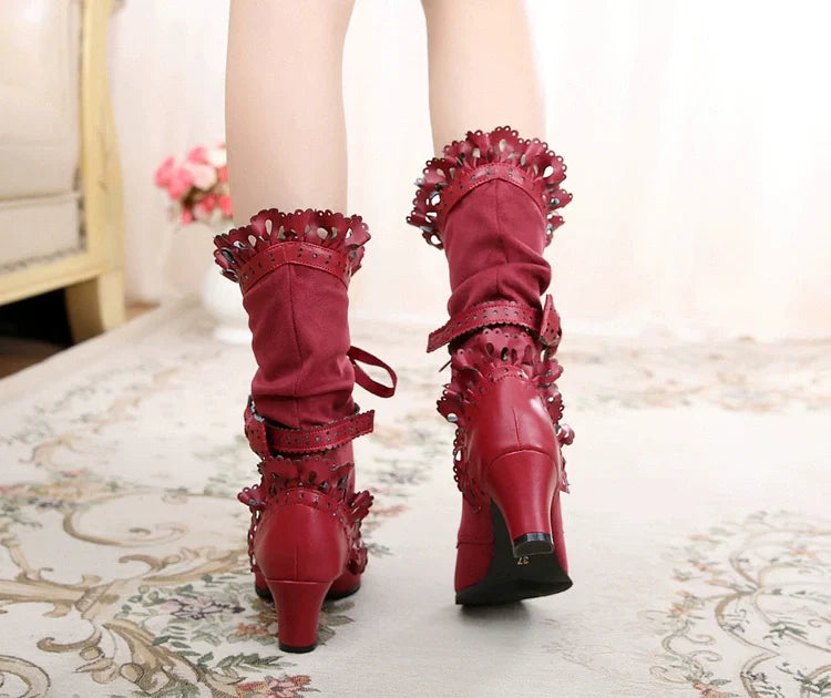 Sosic - Meteorite's Wound - Winter Gothic Lolita Boots Dark Velvet Mid-Calf Heels