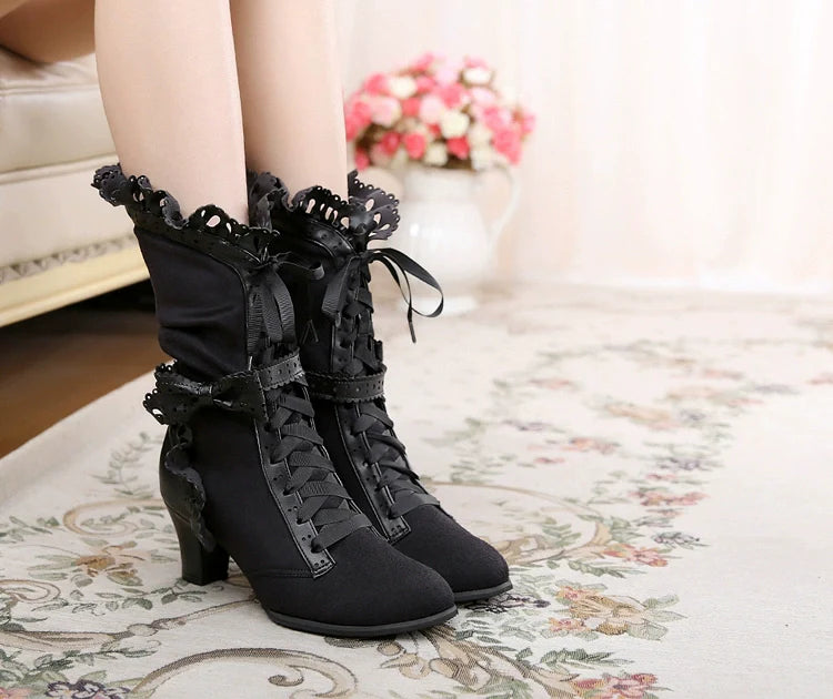 Sosic - Meteorite's Wound - Winter Gothic Lolita Boots Dark Velvet Mid-Calf Heels